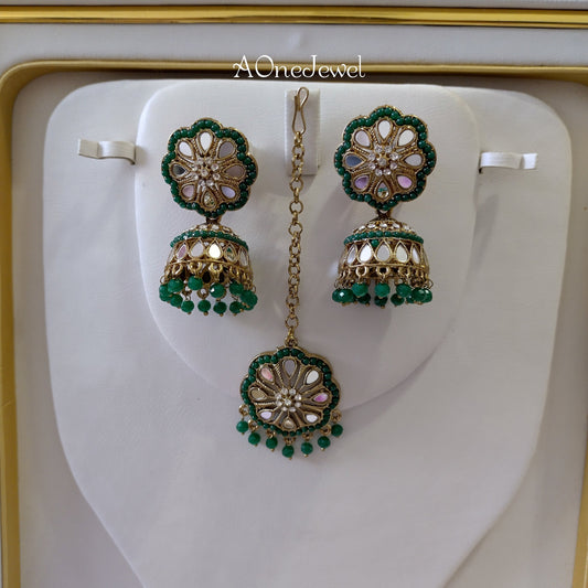 Indian Jewellery Emerald Colour Earrings and Tikka Set