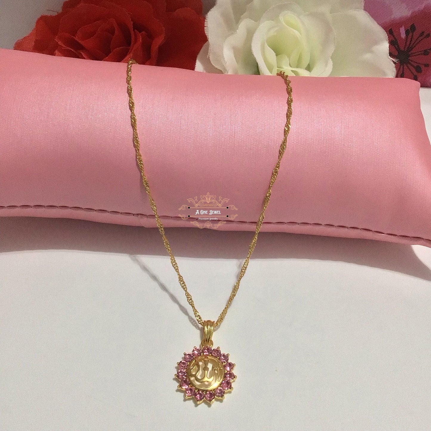 Allah اللہ Baby Pink Zircon Pendant Necklace