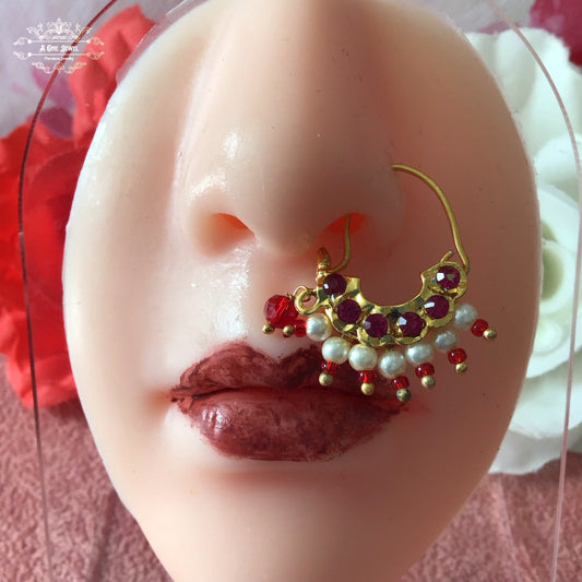 Indian Bollywood Style Pearl Nath, Traditional Nose Ring, Pierce Nose Ring,Hoop Nose Ring , Nathni Jewelry, Wedding Jewelry, Nose Hoops
