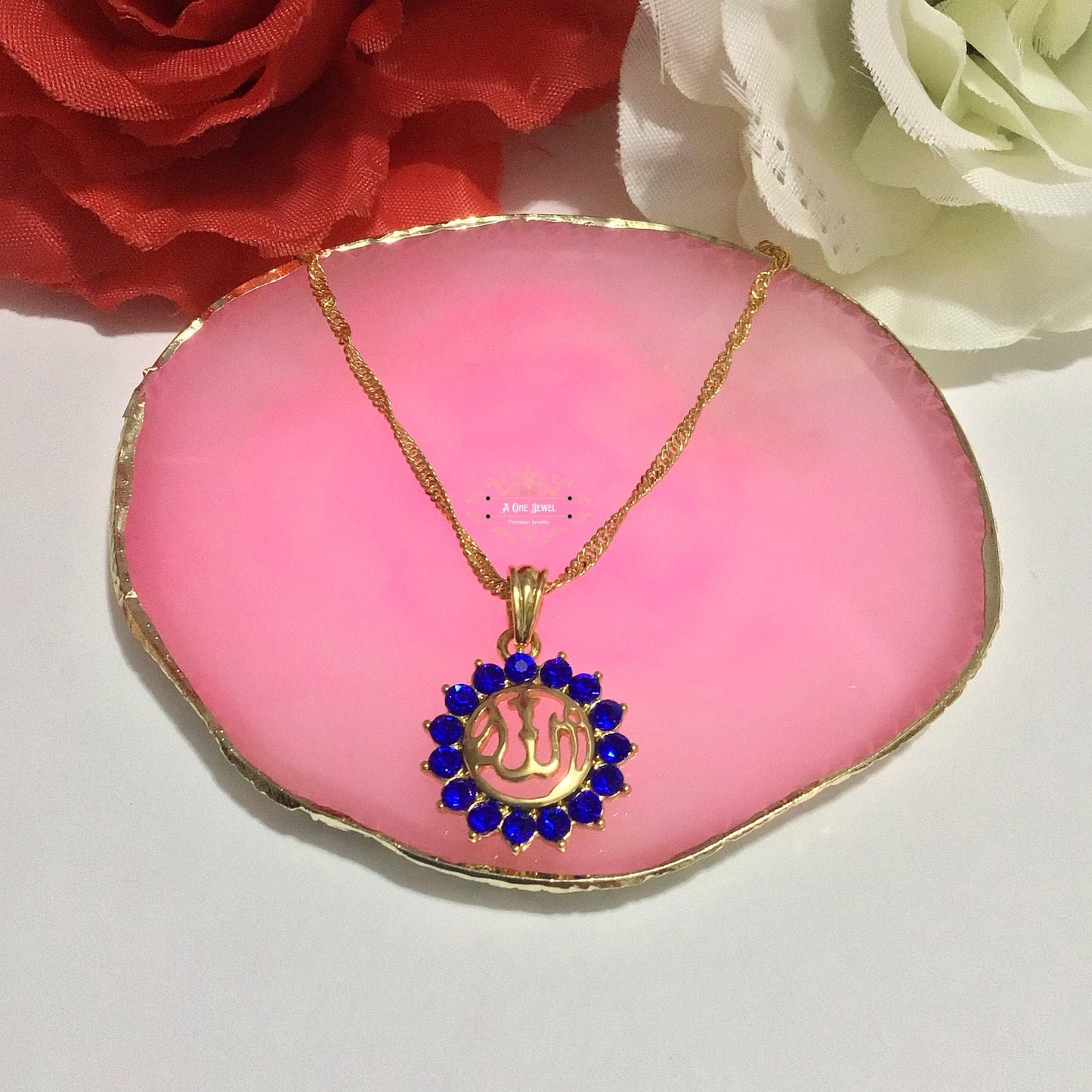 Allah اللہ Blue Zircon Pendant Necklace