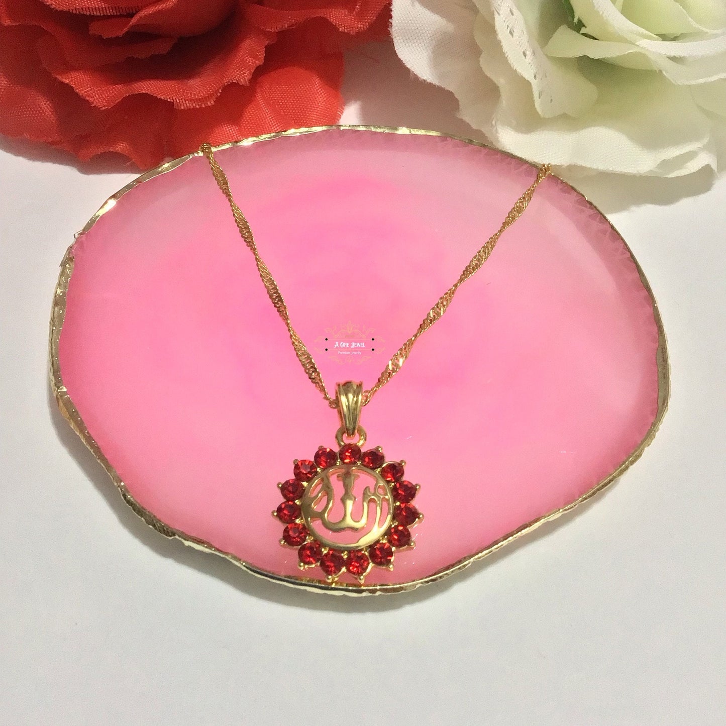 Allah اللہ Red Zircon Pendant Necklace